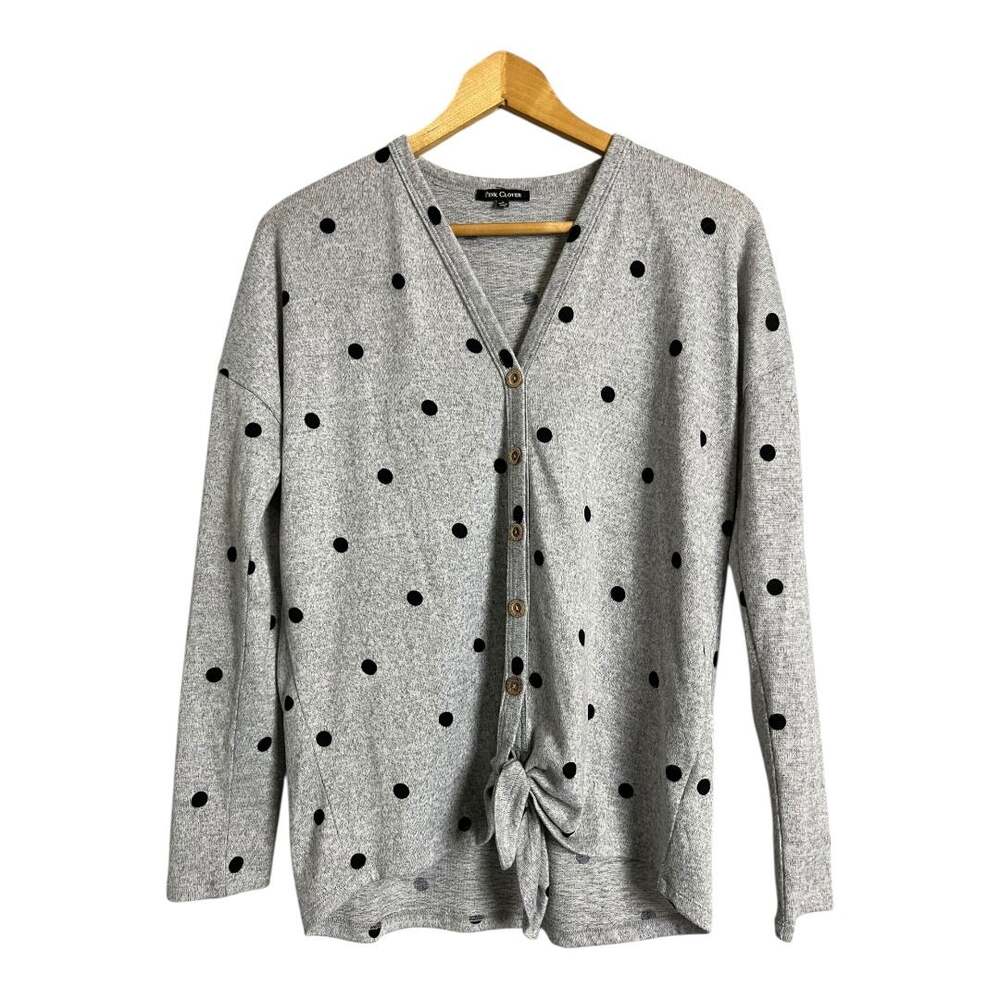 Pink Clover Cardigan Women's S Gray Polka Dot V-Neck Tie Front Lightweight